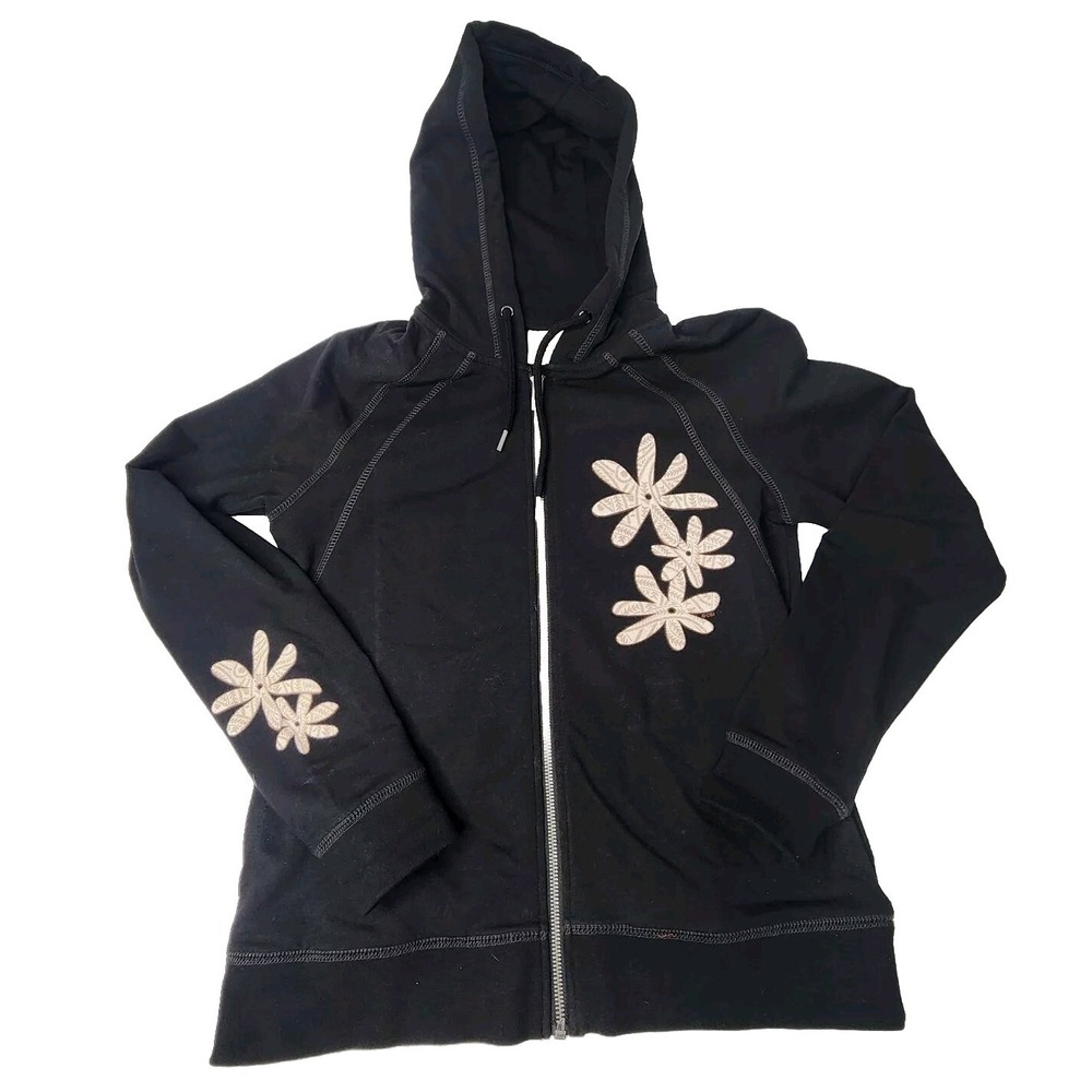 Crazy Shirts Hawaii Full Zip Front Hoodie Sweatshirt Womens XS Black Flowers